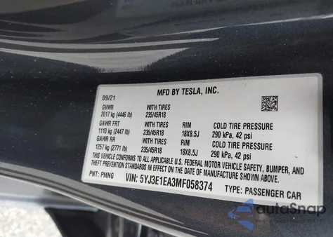 2021 Tesla Model 3 Standard Range Plus Rear-Wheel Drive from USA, damaged, VIN 5YJ3E1EA3MF058374